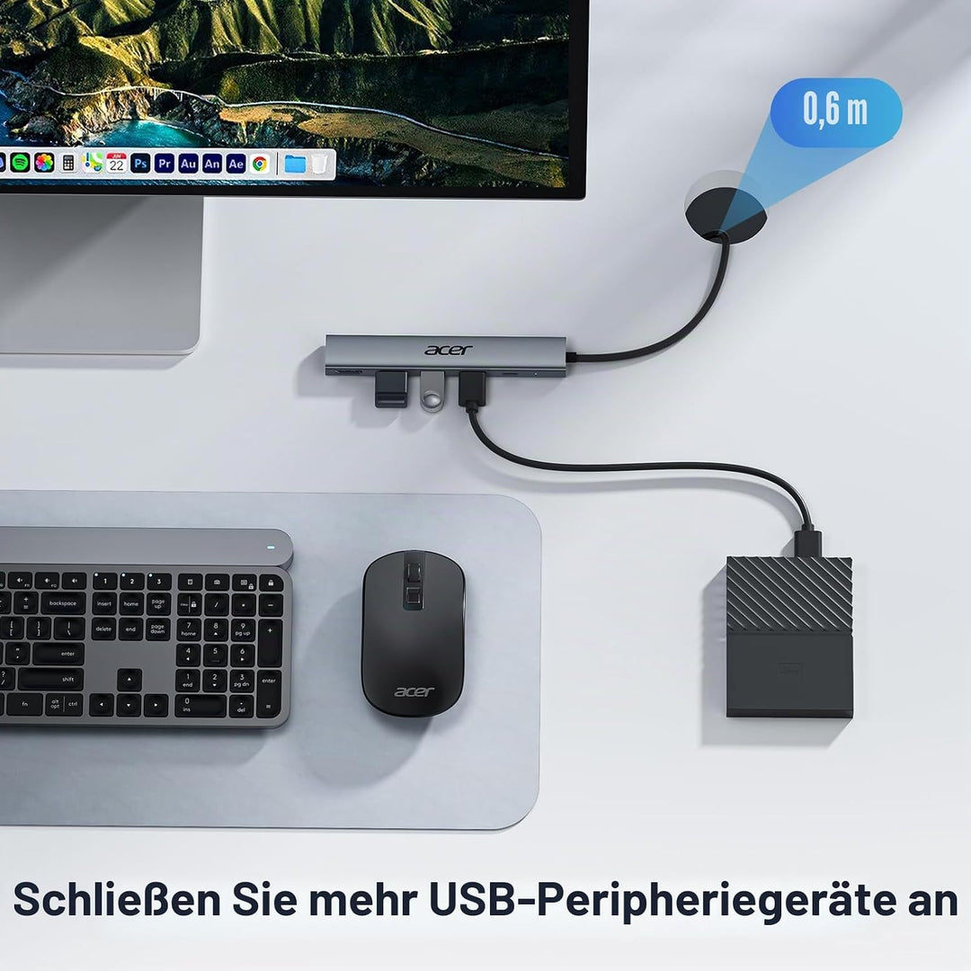 acer USB C Hub 5 in 1, Tragbarer 4K HDMI Adapter PD 100W, 3X USB-A Datenport, USB C auf HDMI Adapter