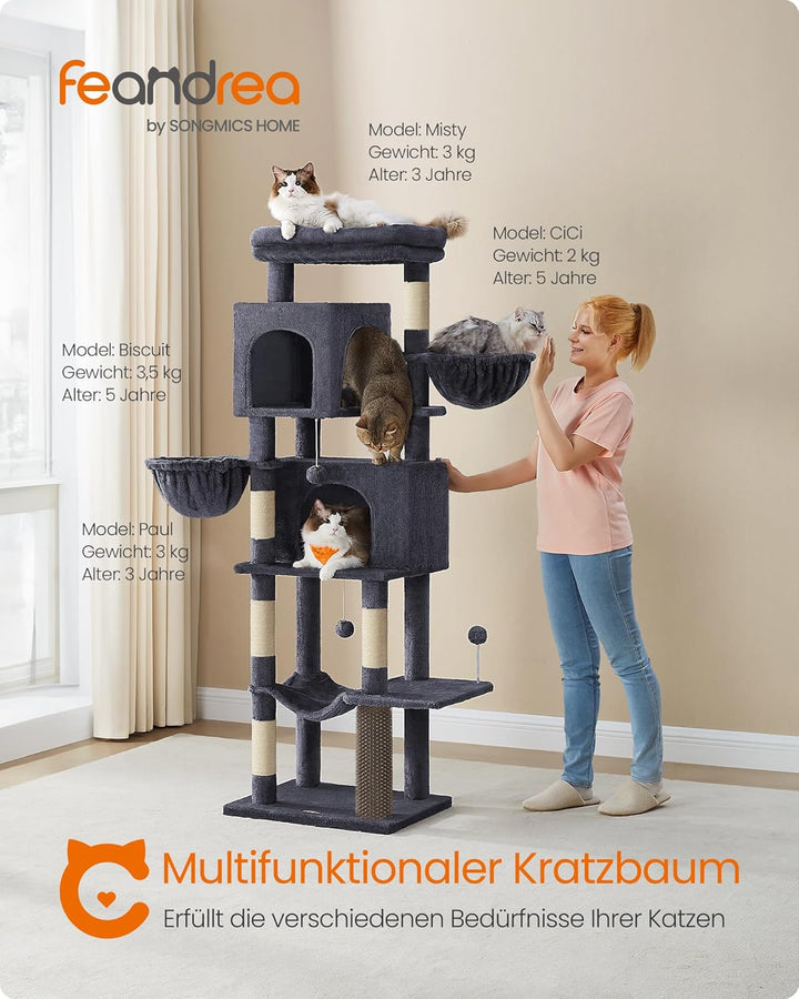 Feandrea Kratzbaum, 175 cm hoch, XL, mehrstöckiger Katzenbaum mit 2 Höhlen, 2 Liegemulden, 5 Kratzsä