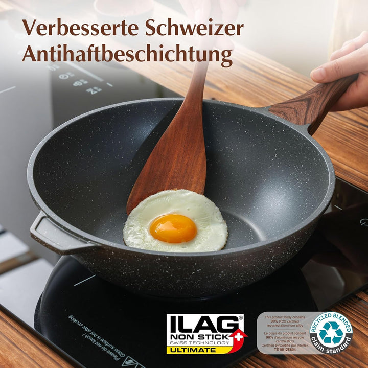 SENSARTE Antihaft Pfanne 28cm, Tiefe Wokpfanne mit Deckel, Schweizer Granitbeschichtung Kochpfanne G