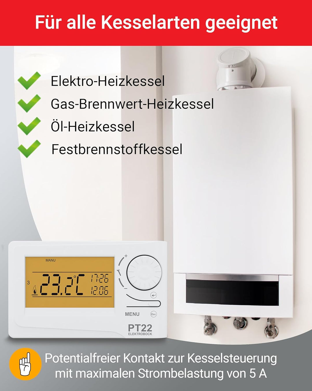 Elektrobock Digitaler Raumthermostat, PT22, 15,5x11x4 cm