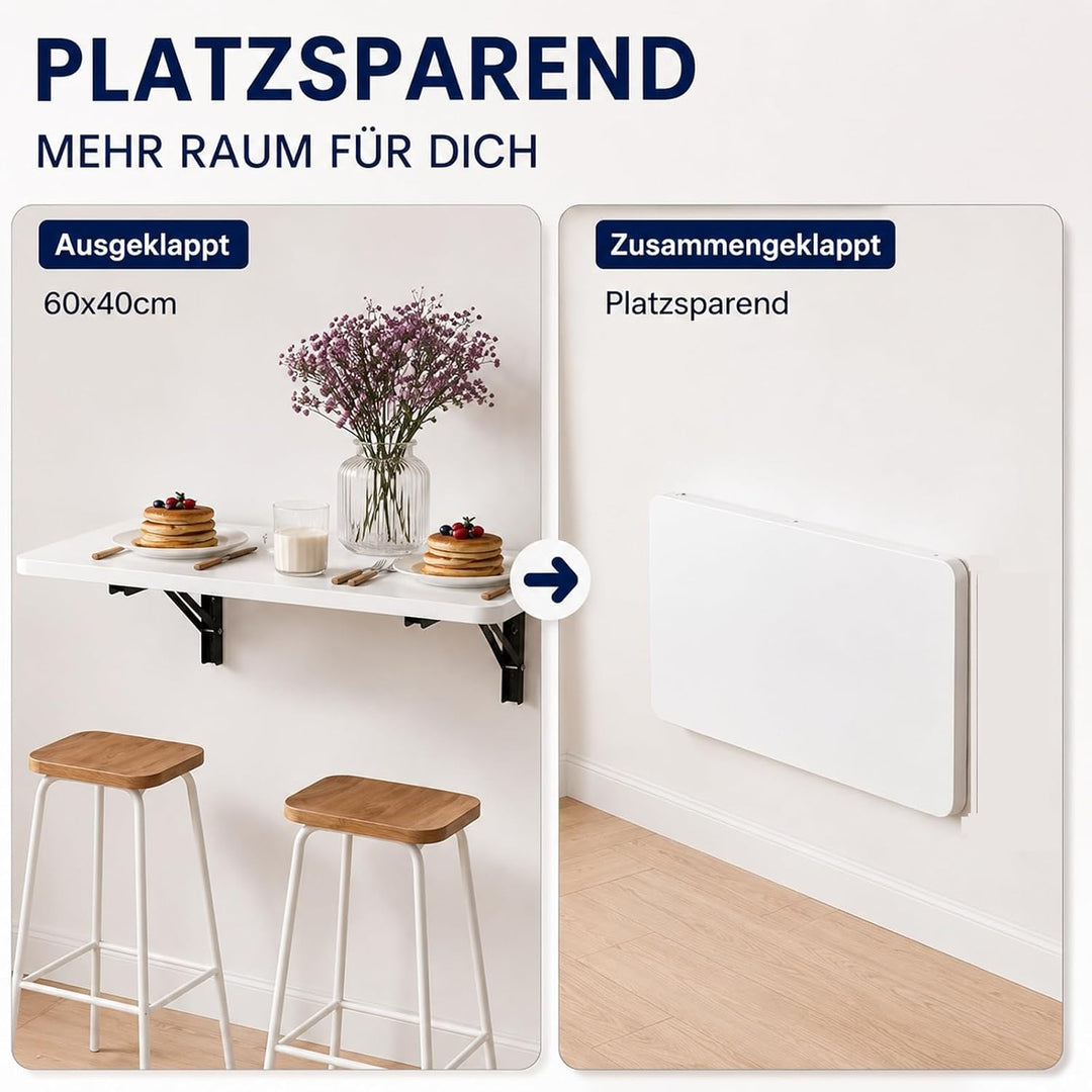Wandklapptisch 60x40 cm Weiss, Klapptisch Wandmontage, 40 kg | Platzsparender Klapptisch aus Holzwer