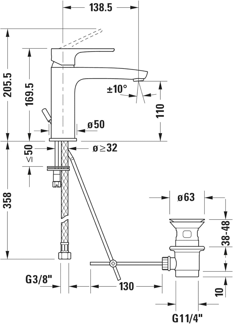 Duravit B11020 B.1 Waschtischarmatur, Grösse M (Auslauf Höhe 110 mm), Wasserhahn Bad mit Zugstangen-