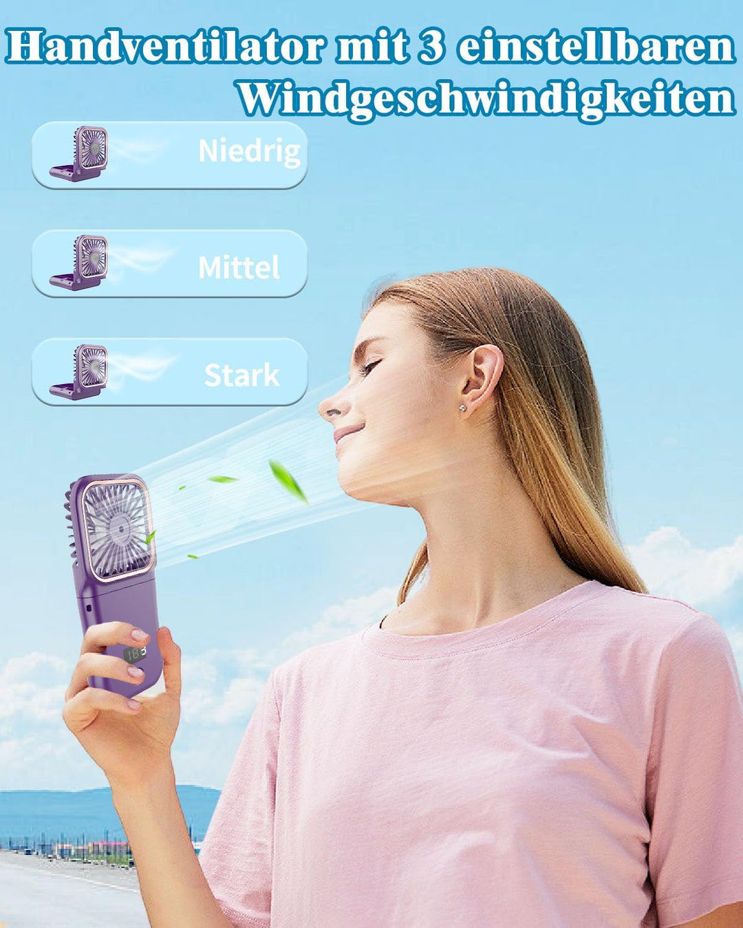 DDKJ Handventilator, Tragbarer Mini Ventilator Hand, 3 Geschwindigkeiten Portable Fan Klein (180°sch
