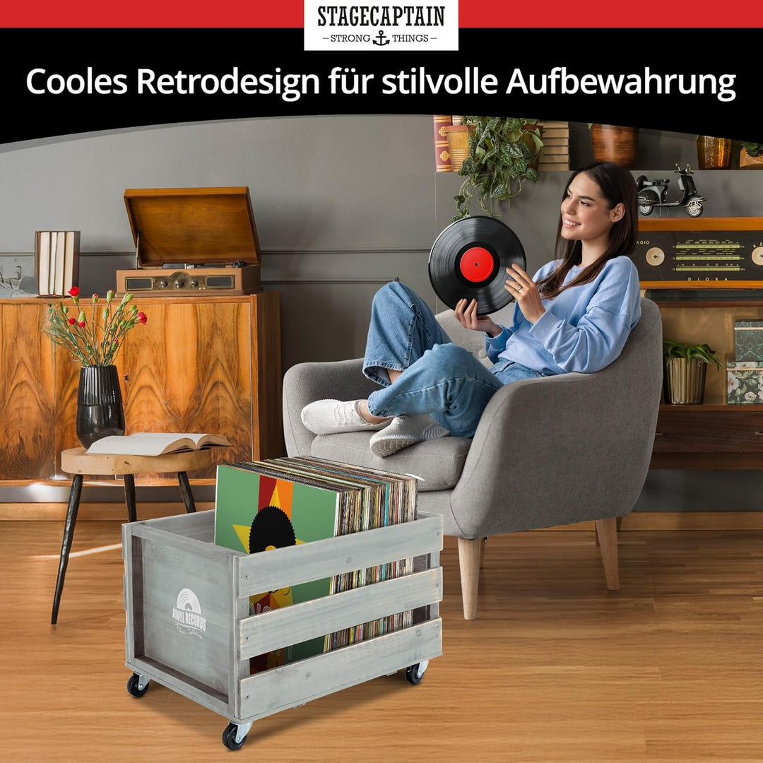 Stagecaptain SPK-100 GY Schallplattenkiste “Emil” - Aufbewahrungsbox für bis zu 100 LPs - aus Vollho