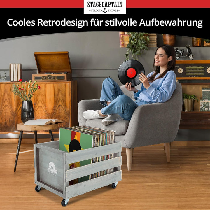 Stagecaptain SPK-100 GY Schallplattenkiste “Emil” - Aufbewahrungsbox für bis zu 100 LPs - aus Vollho