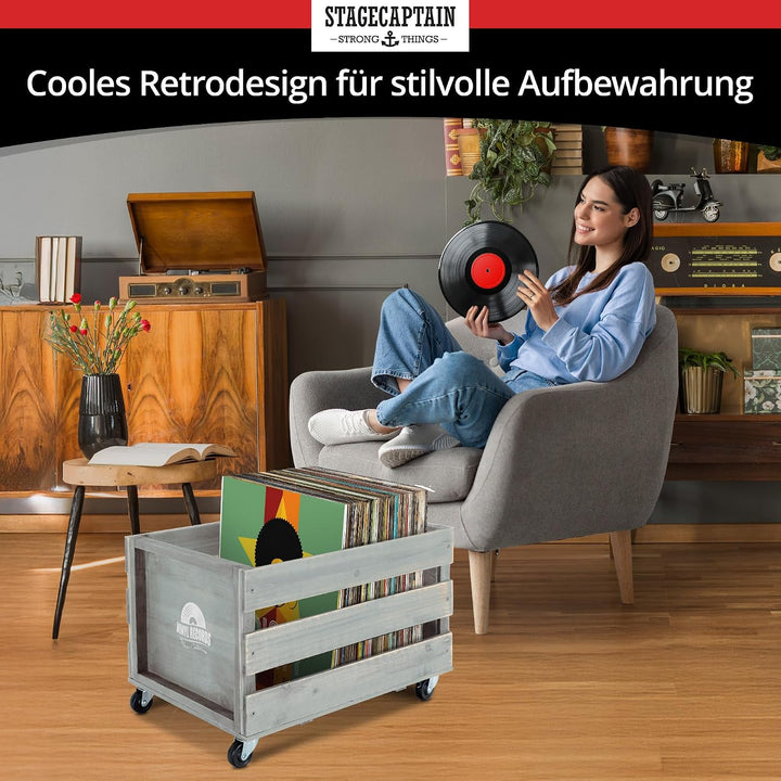 Stagecaptain SPK-100 GY Schallplattenkiste “Emil” - Aufbewahrungsbox für bis zu 100 LPs - aus Vollho