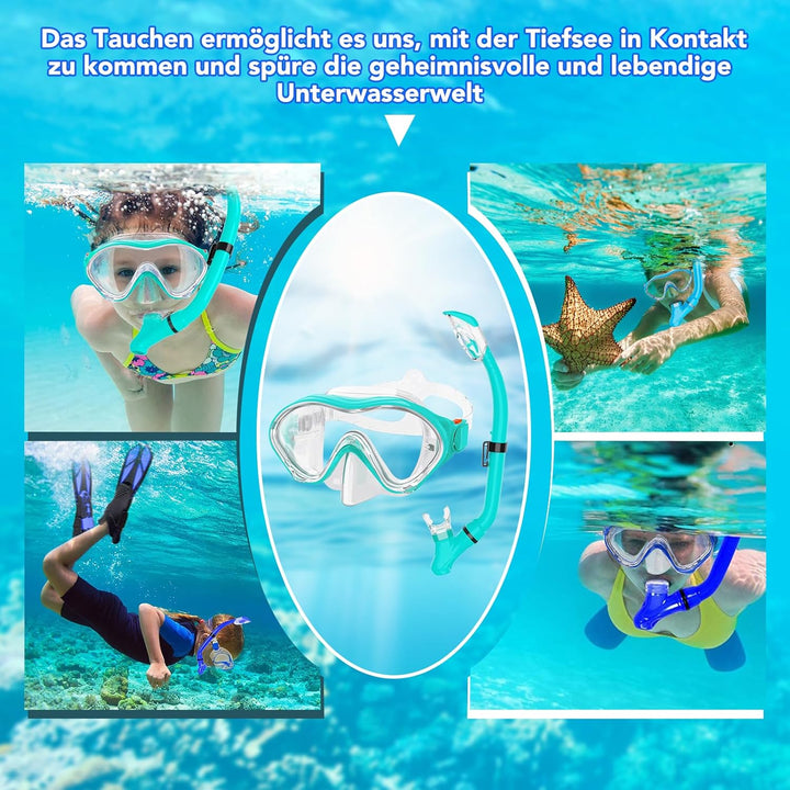 HH HHAO SPORT Schnorchelset Kinder mit Flossen, 180° Anti-Fog Panorama Weitblick Taucherbrille Kinde