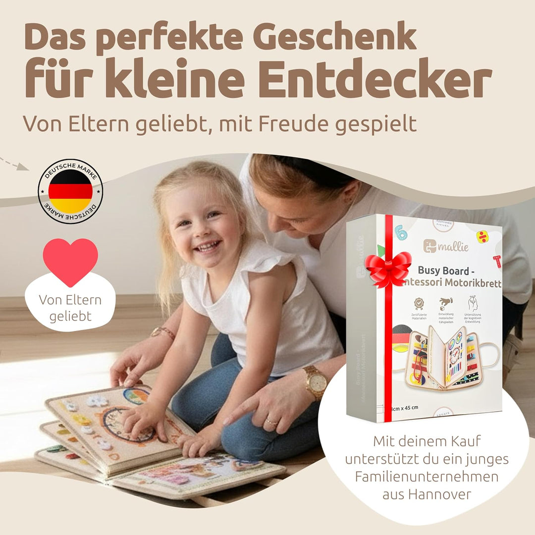 Mallie® Montessori Busy Board mit Rollenspiel-Set & Fingerpuppen [Version 2025] Lernbuch - Fördert F