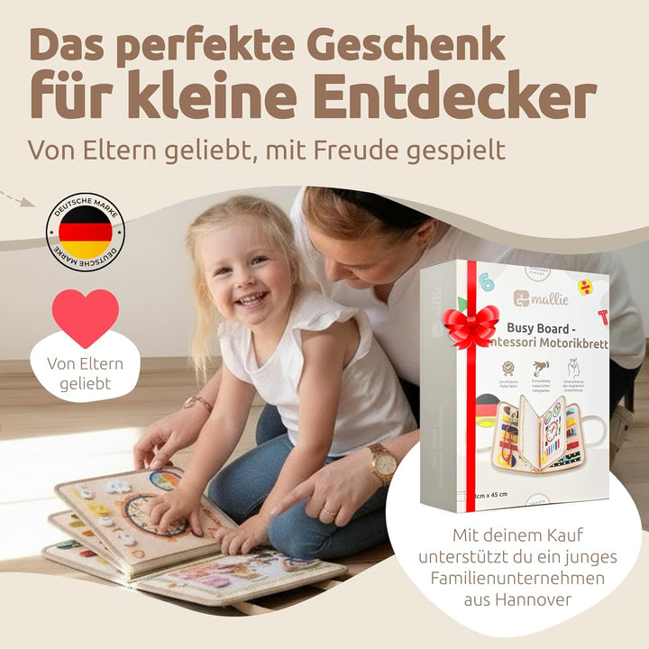 Mallie® Montessori Busy Board mit Rollenspiel-Set & Fingerpuppen [Version 2025] Lernbuch - Fördert F