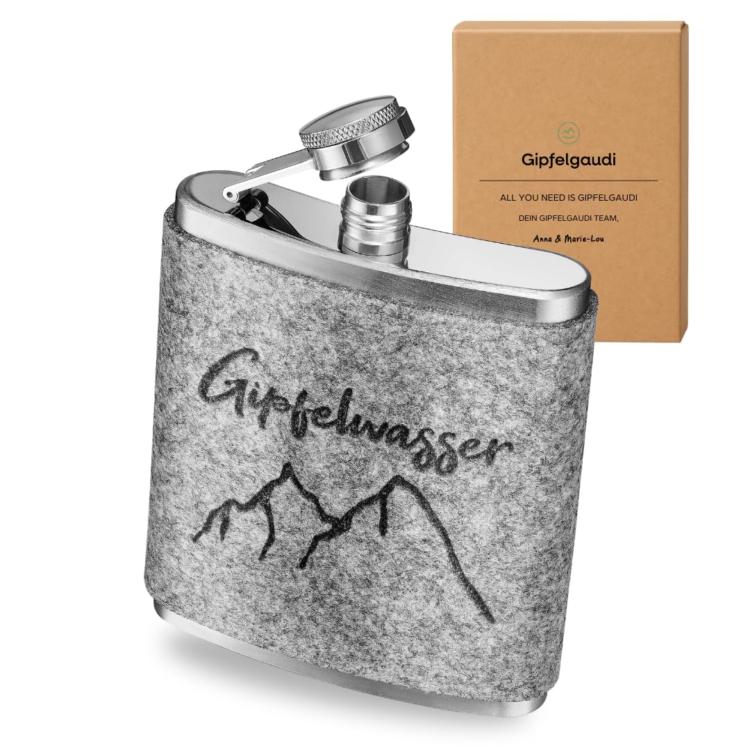 Gipfelgaudi Flachmann mit Filzüberzug & Lasergravur – 200 ml Edelstahl Taschenflasche | Stilvoller B