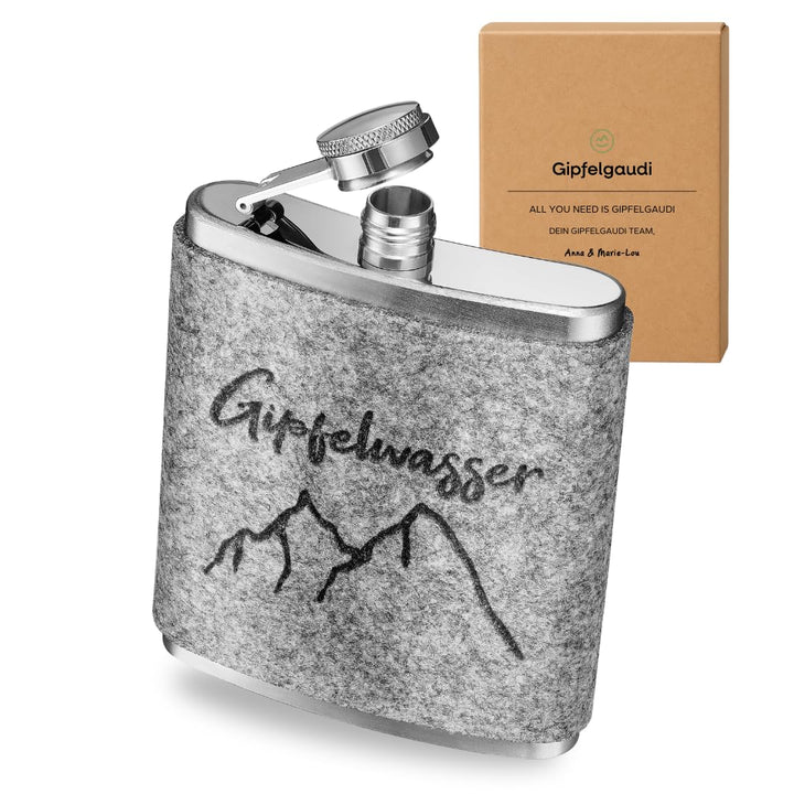 Gipfelgaudi Flachmann mit Filzüberzug & Lasergravur – 200 ml Edelstahl Taschenflasche | Stilvoller B