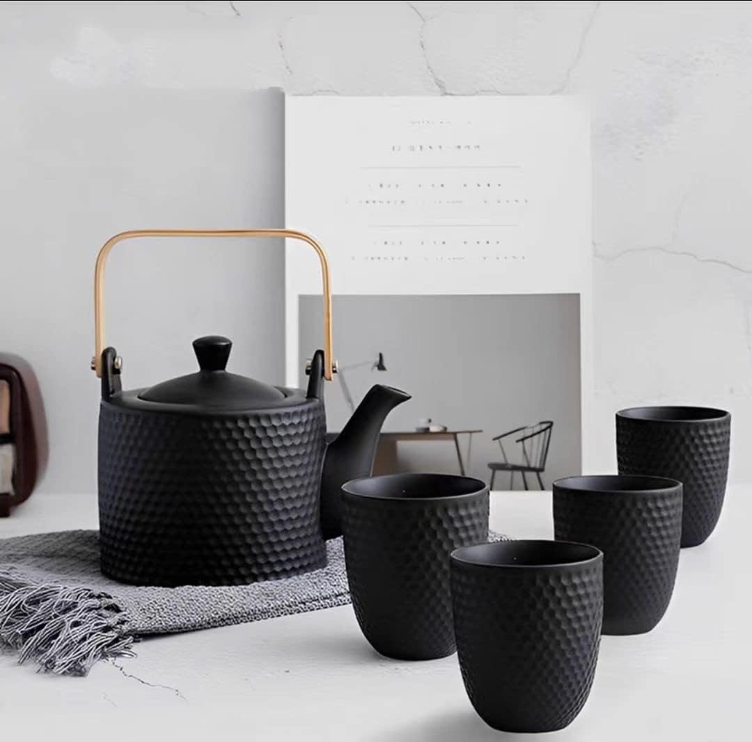 Japanisches Teeservice Keramik Schwarz, Vintage Porzellan Teeset mit Sieb, 900ML Porzellan Teekanne