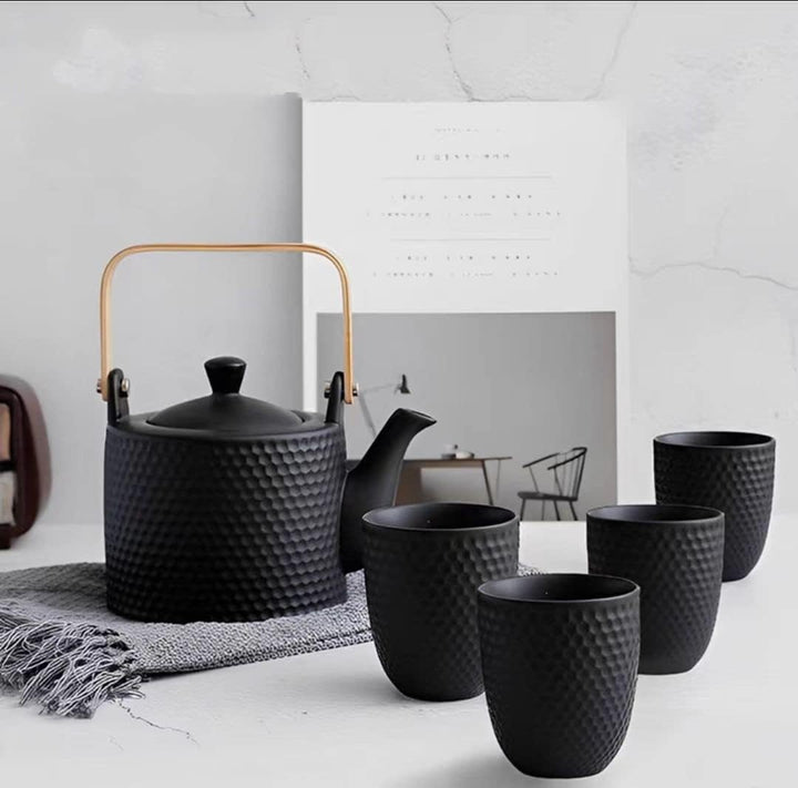 Japanisches Teeservice Keramik Schwarz, Vintage Porzellan Teeset mit Sieb, 900ML Porzellan Teekanne