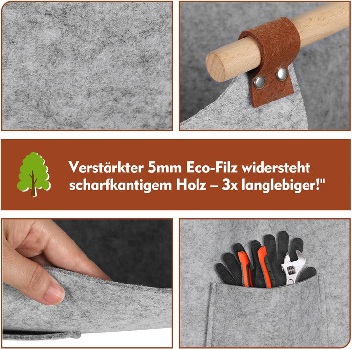 Grosser Feuerholz-Korb aus 5mm starkem rPET Filz - Holzgriffe &amp; wasserabweisend für Gartenholz Lager