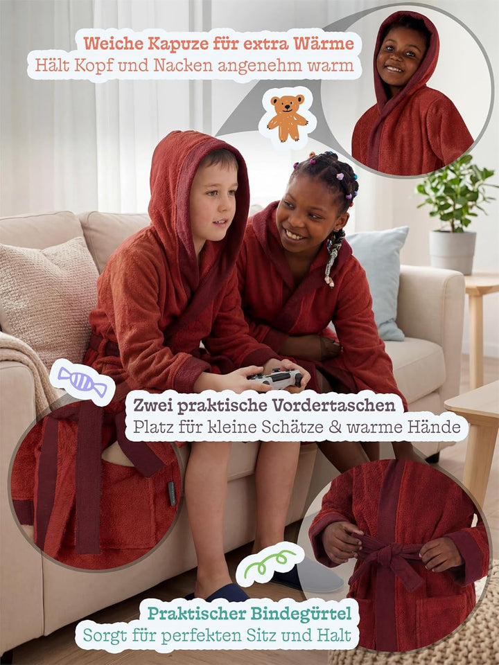 normani Kinder-Bademantel aus 100% Bio-Baumwolle mit Kapuze | Frottee Kapuzenbademantel mit oder ohn