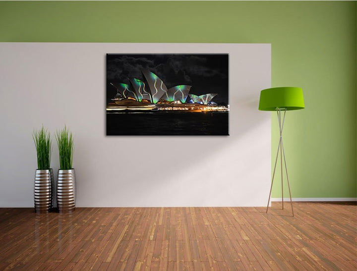 Dark Sydney Opera House grüne Beleuchtungauf Leinwand, XXL riesige Bilder fertig gerahmt mit Keilrah