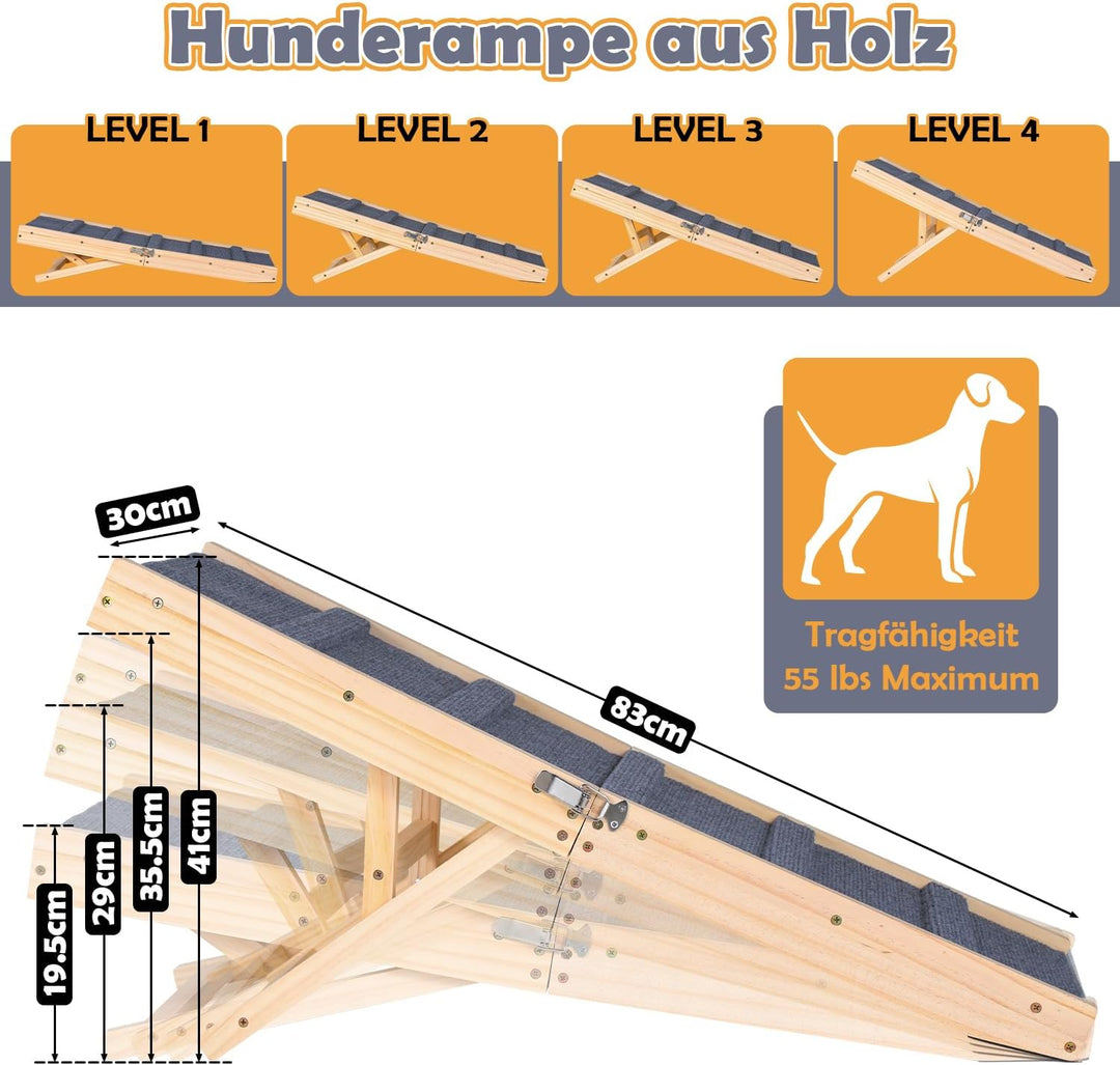 Hunderampe 83cm, Hundetreppe aus Holz, Einstellbar 19.5-41 cm, Klappbare Tragbare Katzen Rampe für B