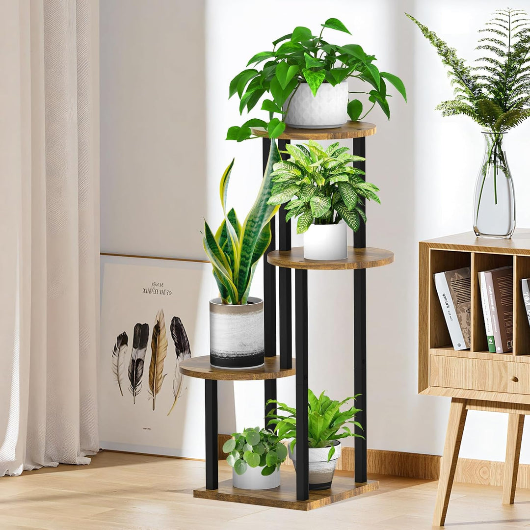 YOCOMEY 4 Tier Hölzern Blumenregal Metall Pflanzenregal, Mehrstöckig Blumenständer Pflanzenständer B