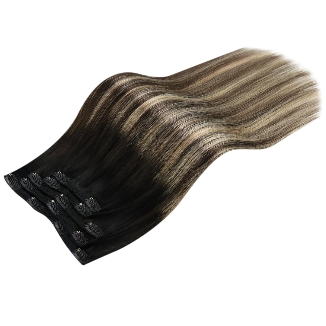 Moresoo Clip Extensions Echthaar Schwarz zu Braun Haarverlängerung Echthaar Clip in Extensions Schwa