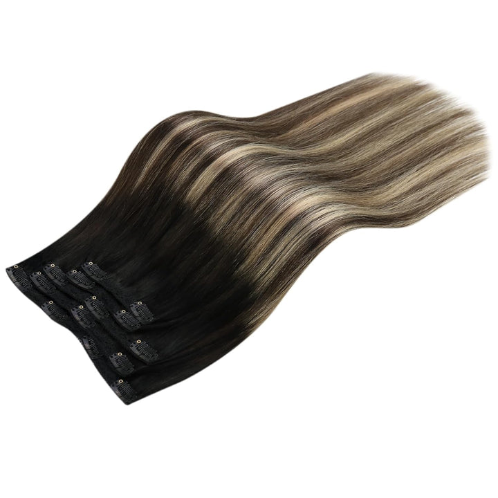 Moresoo Clip Extensions Echthaar Schwarz zu Braun Haarverlängerung Echthaar Clip in Extensions Schwa
