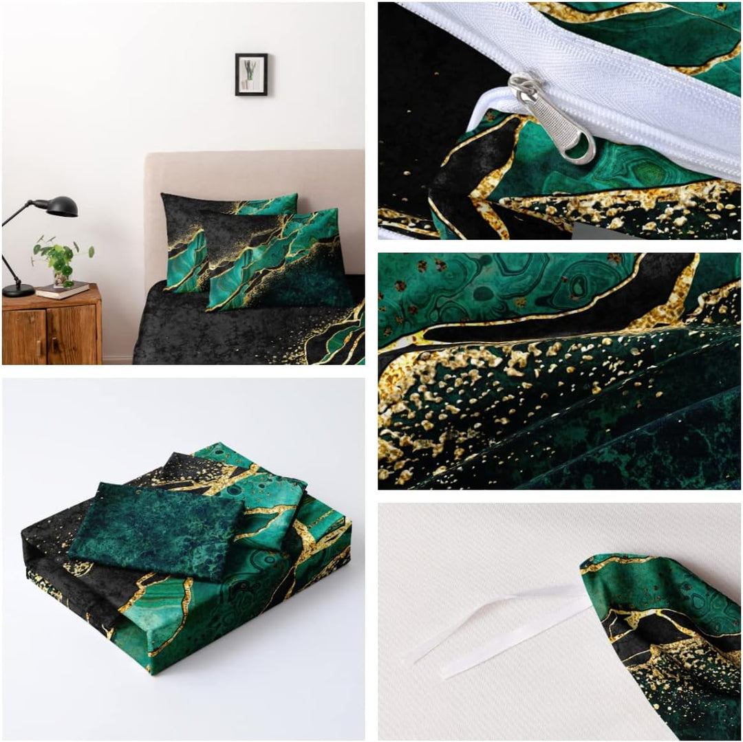 Luowei Bettwäsche Marmor 200x220 Schwarz Grün mit Kissenbezüge, Mikrofaser Schwarz 200x220cm+80x80cm