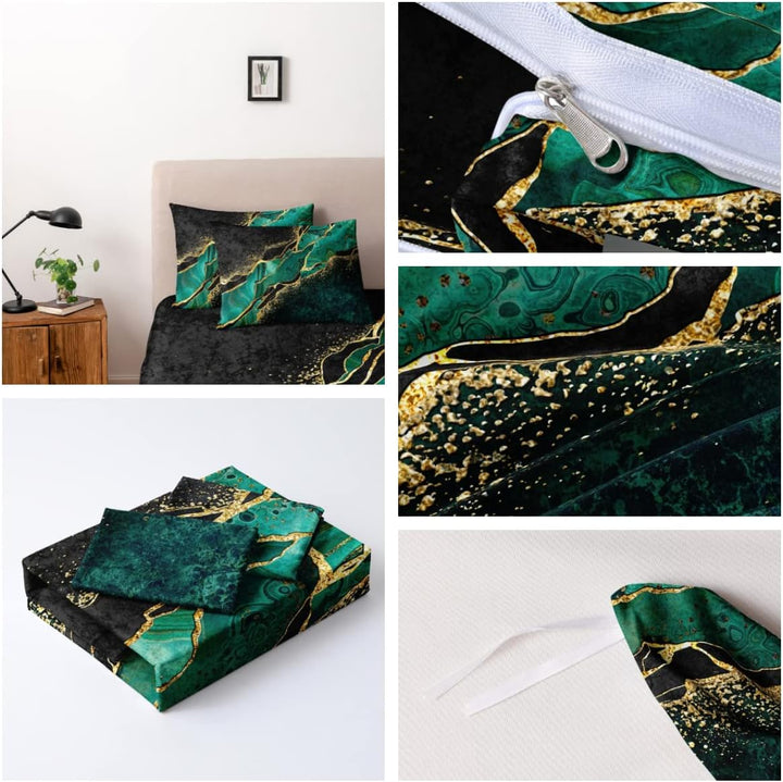 Luowei Bettwäsche Marmor 200x220 Schwarz Grün mit Kissenbezüge, Mikrofaser Schwarz 200x220cm+80x80cm