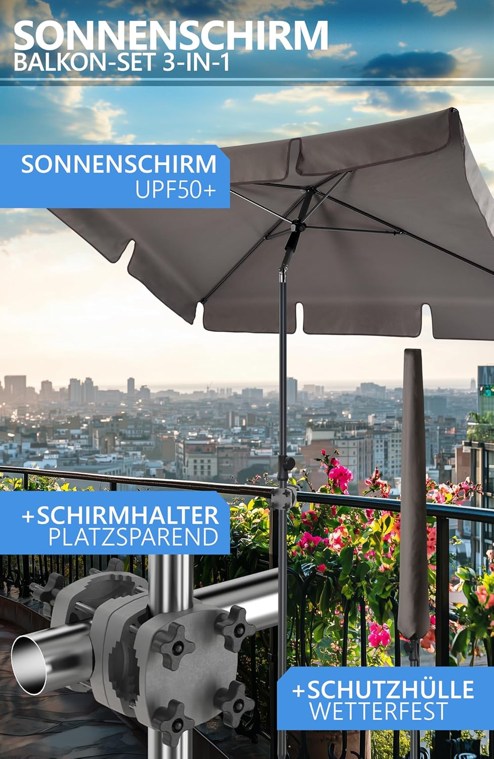 4smile Sonnenschirm Balkon SunnyShade, Sonnnenschutz Balkon SET 3-in-1, Taupe - UV50+ SunnyGuy Sonne