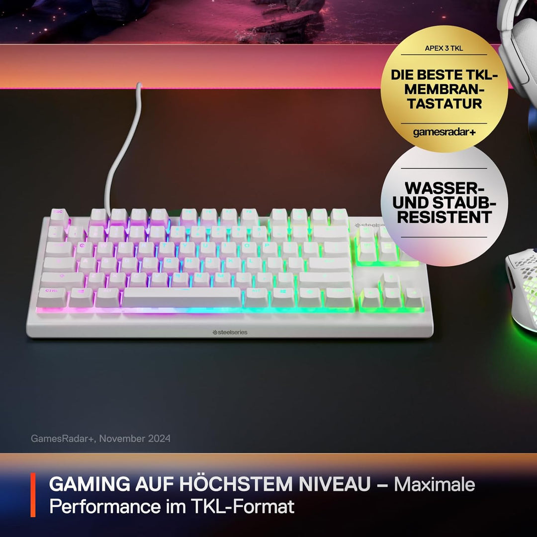 SteelSeries Apex 3 TKL White RGB Gaming-Tastatur – Kompakter Tenkeyless-Formfaktor – 8-Zonen-RGB-Bel