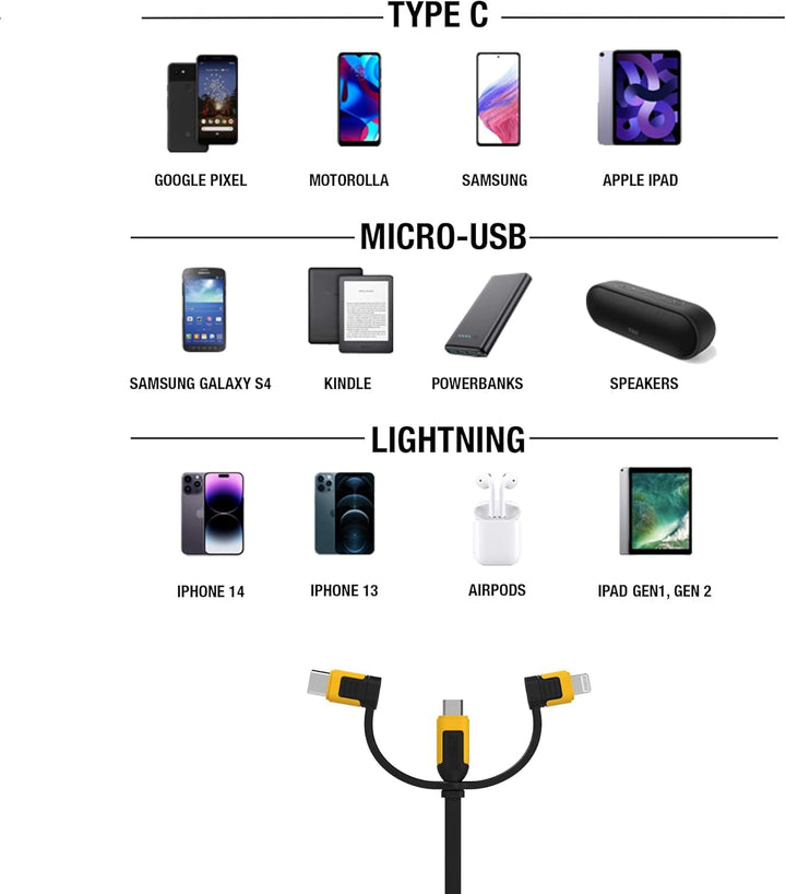DEWALT 3-in-1 einziehbares Kabel - Multi-Ladekabel - Lightning, Typ C, Micro-USB-Kabel - Ladekabel f