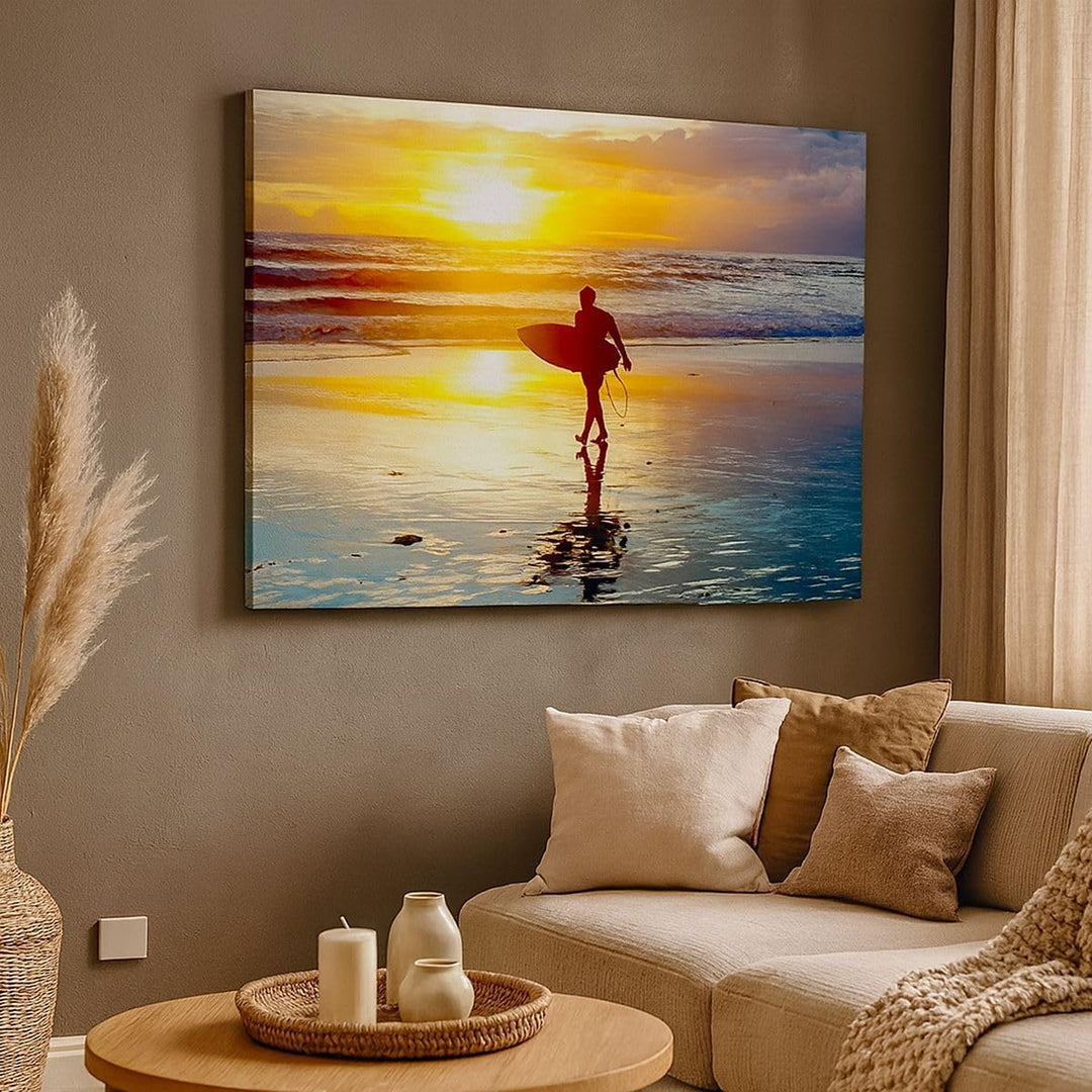 Bilder auf Leinwand 100x70cm Leinwandbild Surfer sonnenuntergang ozean brett Gross Wanddeko Bild Sch