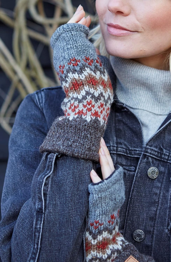 Damen Wolle Handwärmer Fleece gefüttert Handgestrickt Fair Isle Mehrfarbig Einheitsgrösse Handarbeit
