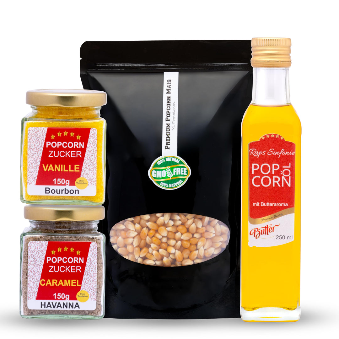 Hopser Food Fun Partyset 500g Popcornmais,250ml Popcornöl mit Butteraroma,150g Popcorn-Zucker Vanill