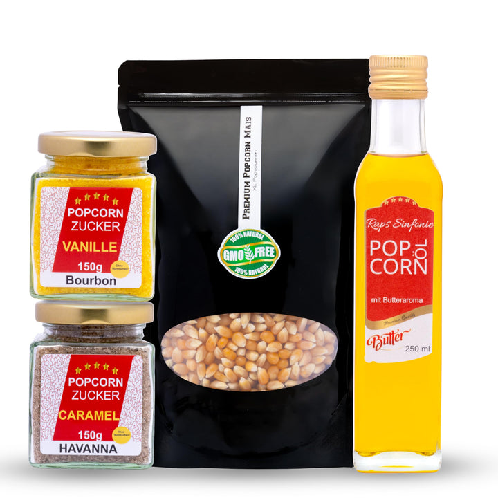 Hopser Food Fun Partyset 500g Popcornmais,250ml Popcornöl mit Butteraroma,150g Popcorn-Zucker Vanill