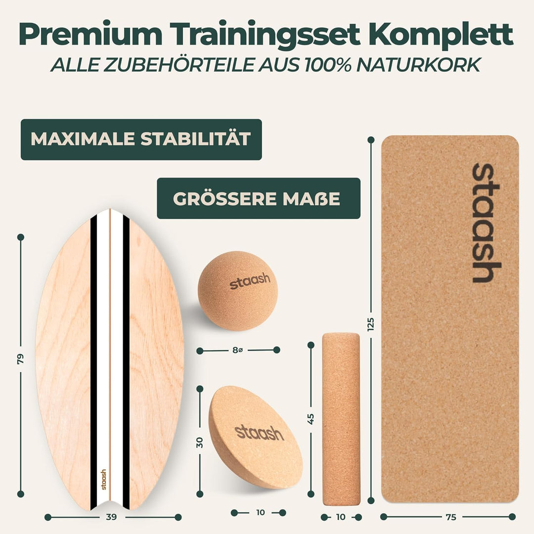 STAASH® PRO Balance Board - Premium Birkenholz mit 5 Trainings-Modulen | Komplettset für Core, Balan