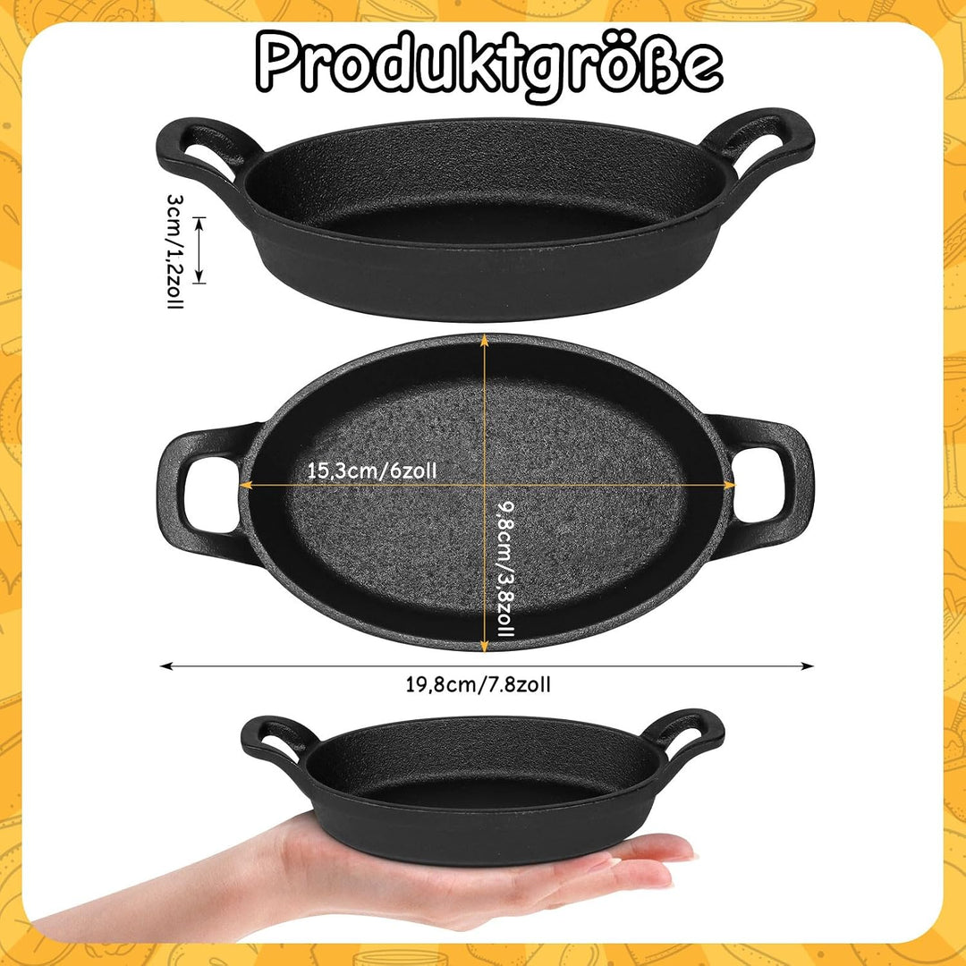 6 Stück Mini Gusseisen Servierpfännchen Set | 15.5 x 9.5 cm kleine Bratpfannen mit Griff | Gusseisen