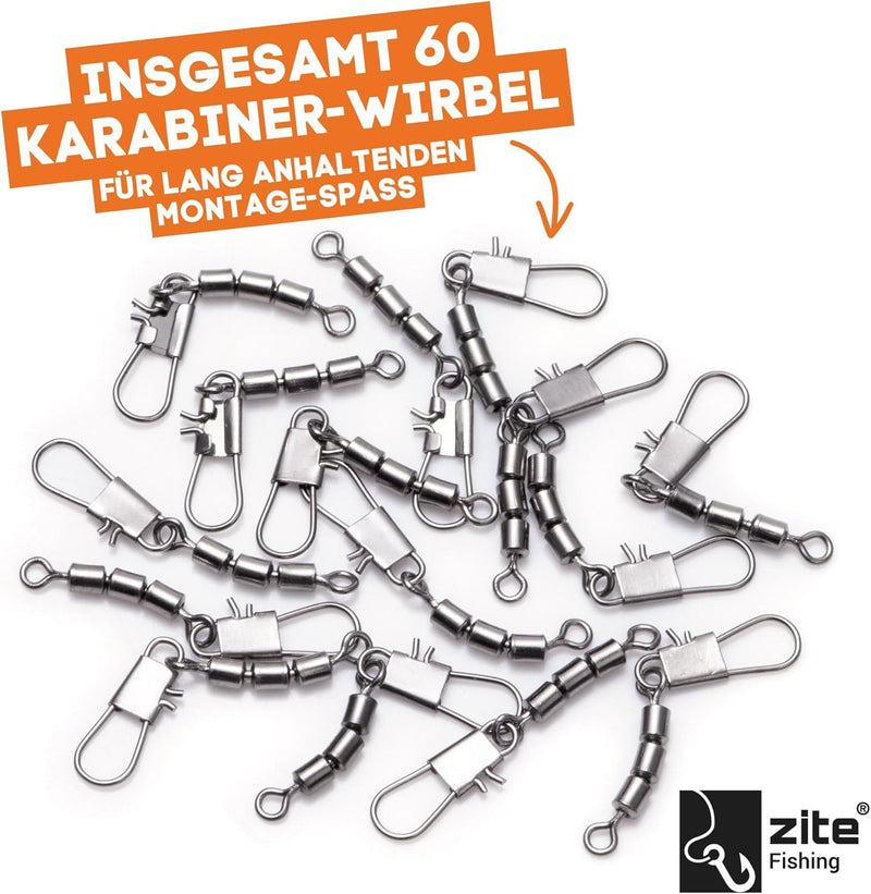 Zite Fishing Dreifach-Wirbel Sortiment 60 Stück - Inklusive praktischer Sortier-Box - Angelwirbel-Se