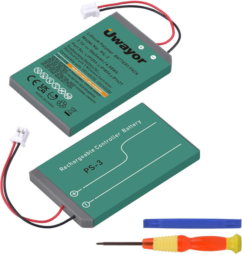 Uwayor Akku PS3 Controller Akku LIP1359 PS3 Ersatz Akku 2X 1860mAh für Sony Playstation 3 und Dualsh