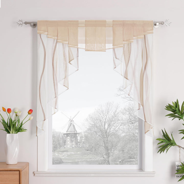 Tunnelzug Scheibengardine transparenter Voile Kurzgardine für Kleinfenster H/B 100/100 cm Creme Brau