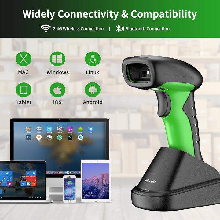 NETUM Industrieller Barcode Scanner 1D 2D Bluetooth mit Ladestation Kabelloser Leser 2600 mAh Akku S