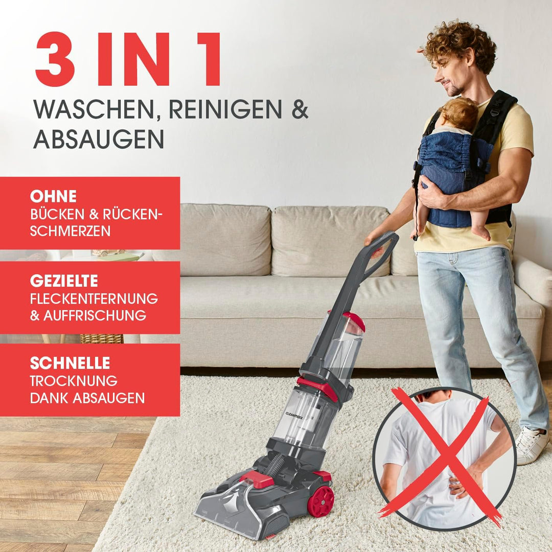 CLEANmaxx Teppich- &amp; Hartbodenreiniger PRO zum Waschen, Auffrischen und Absaugen von Teppichen, Ausl