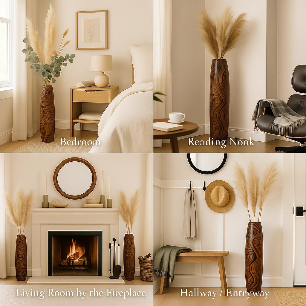 Leewadee Grosse Bodenvase für Dekozweige hohe Standvase Design Holzvase, Holz, 70 cm, Braun Hellbrau