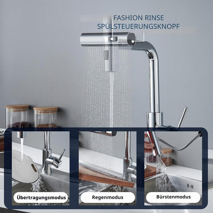 BELZ Wasserhahn Küche mit Herausziehbarer Brause, 3 Strahlarten, 360° Schwenkbarer Spültischarmatur,