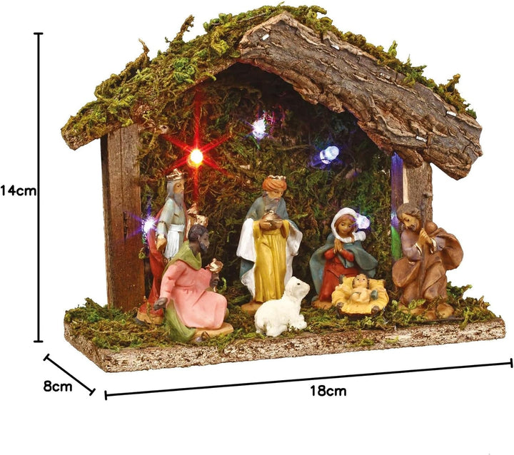 JJA Feeric Chrismas 3-in-1-Weihnachts-Set mit 1 Krippe mit Beleuchtung + 7 Krippenfiguren + 1 LED-Be