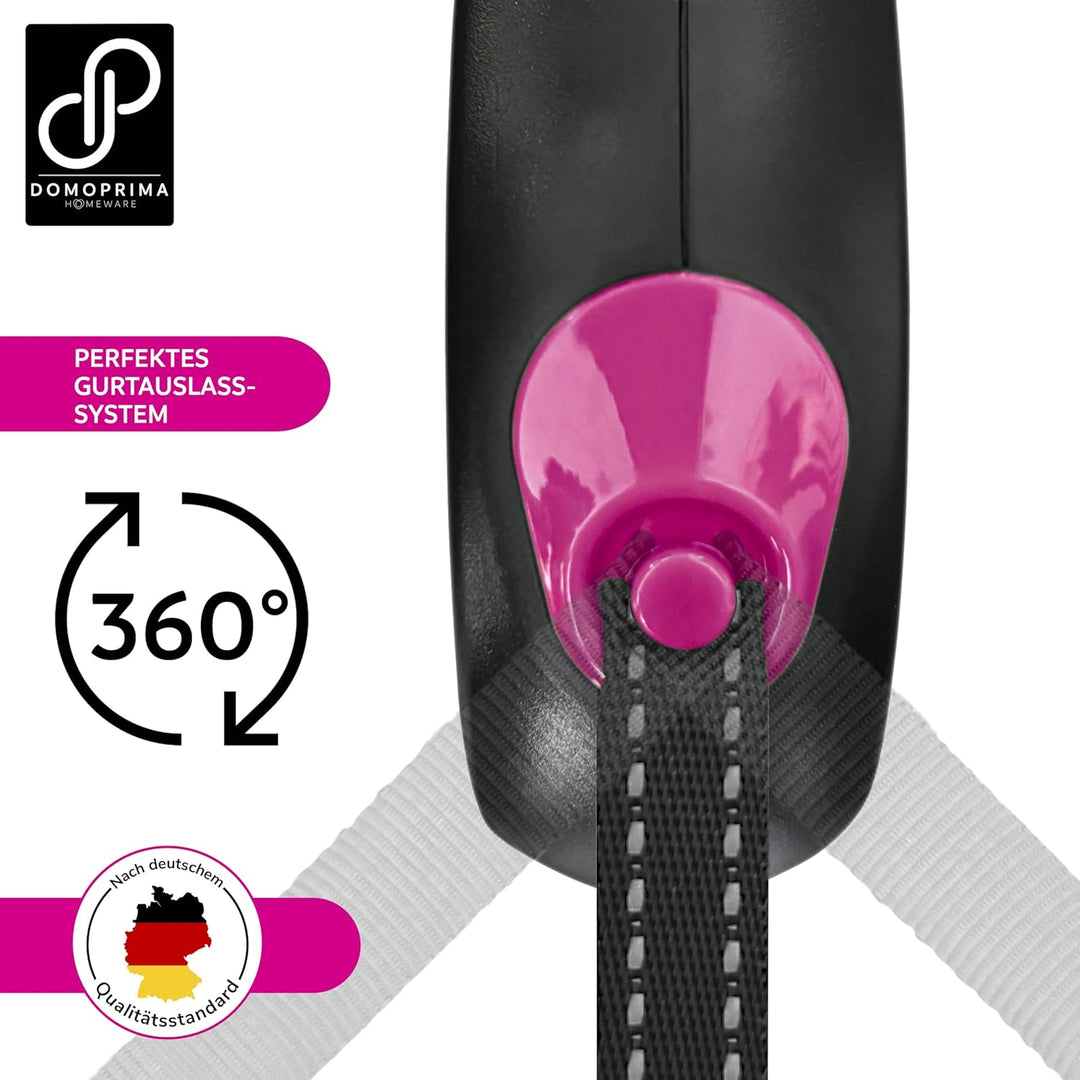 DOMOPRIMA Flexible Hundeleine 5 Meter, 3 Grössen (S,M,L), 4 Farben (grau, blau, grün, pink) - Rollle