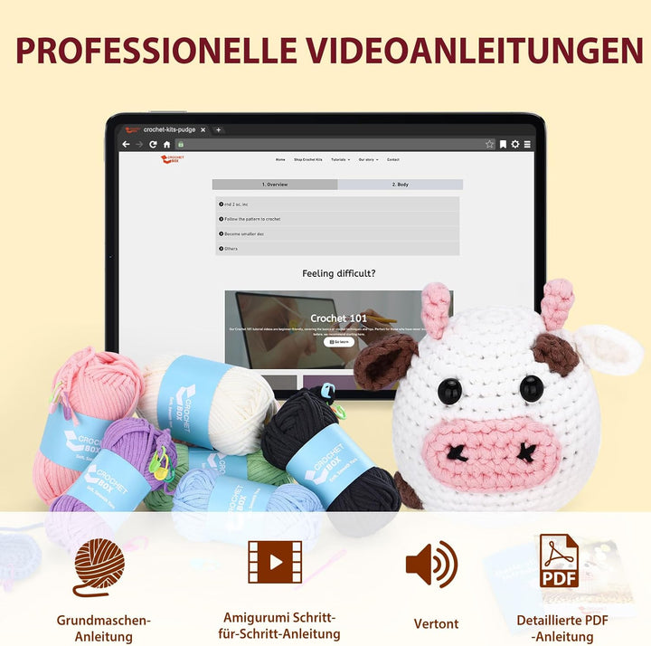 CrochetBox Komplettes Häkelset für Anfänger, Weisser Bulle Häkelset, Video-Tutorial einbeziehen, Anl