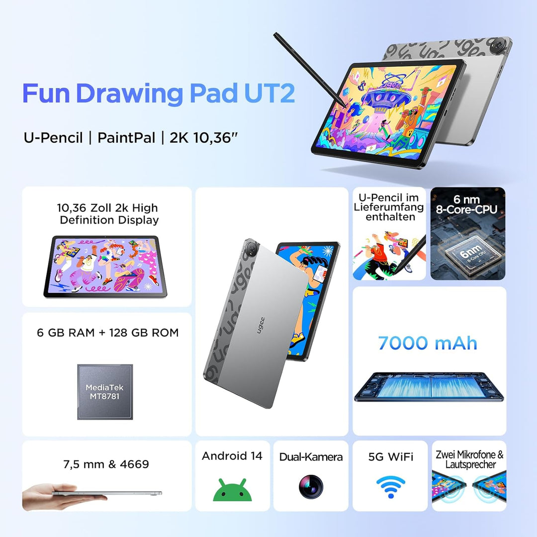 UGEE UT2 Fun Drawing Pad Standalone No Computer Needed mit 10,36 Zoll 2K Display und NanoMatte Finis
