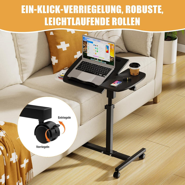 Mobiler Beistelltisch, 60x40cm, Betttisch auf Rollen, Höhenverstellbar 59-89cm, Krankenbett Beistell