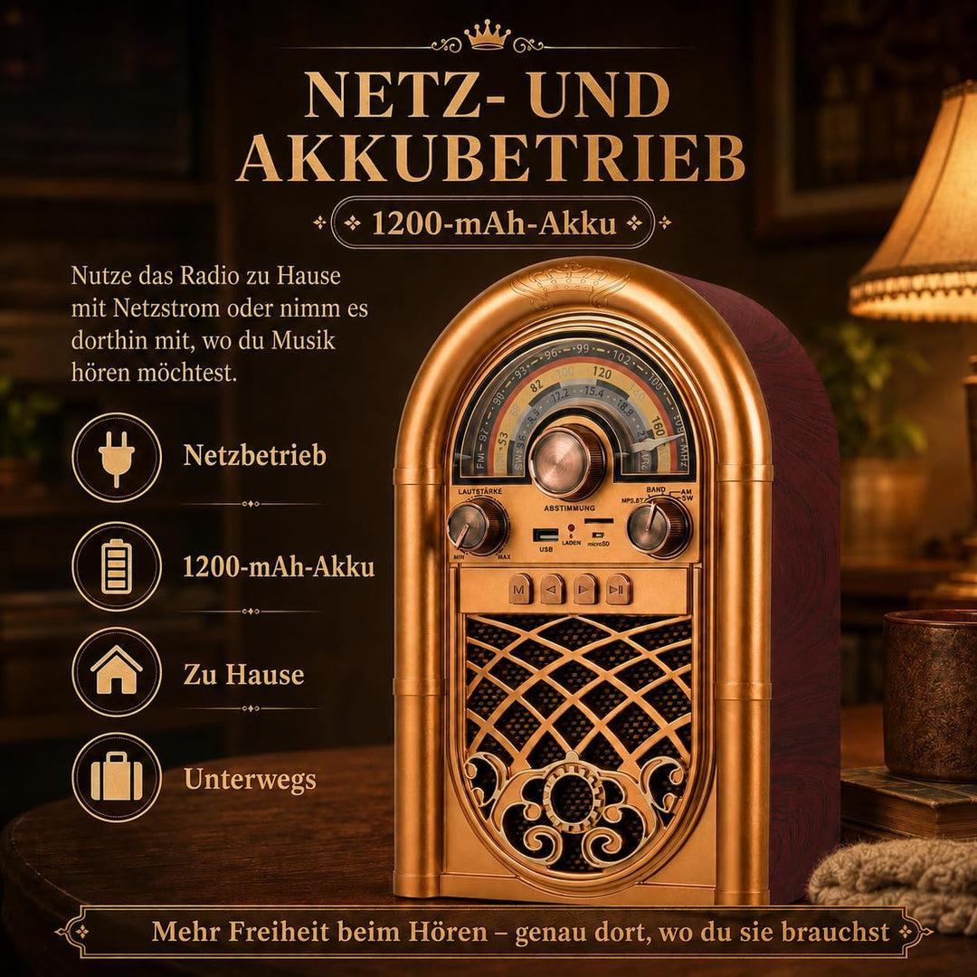 Retropolis New Orleans – Retro Radio mit Bluetooth 5.0, Tragbares Radio FM/AM/SW, 1200mAh Akku, USB/