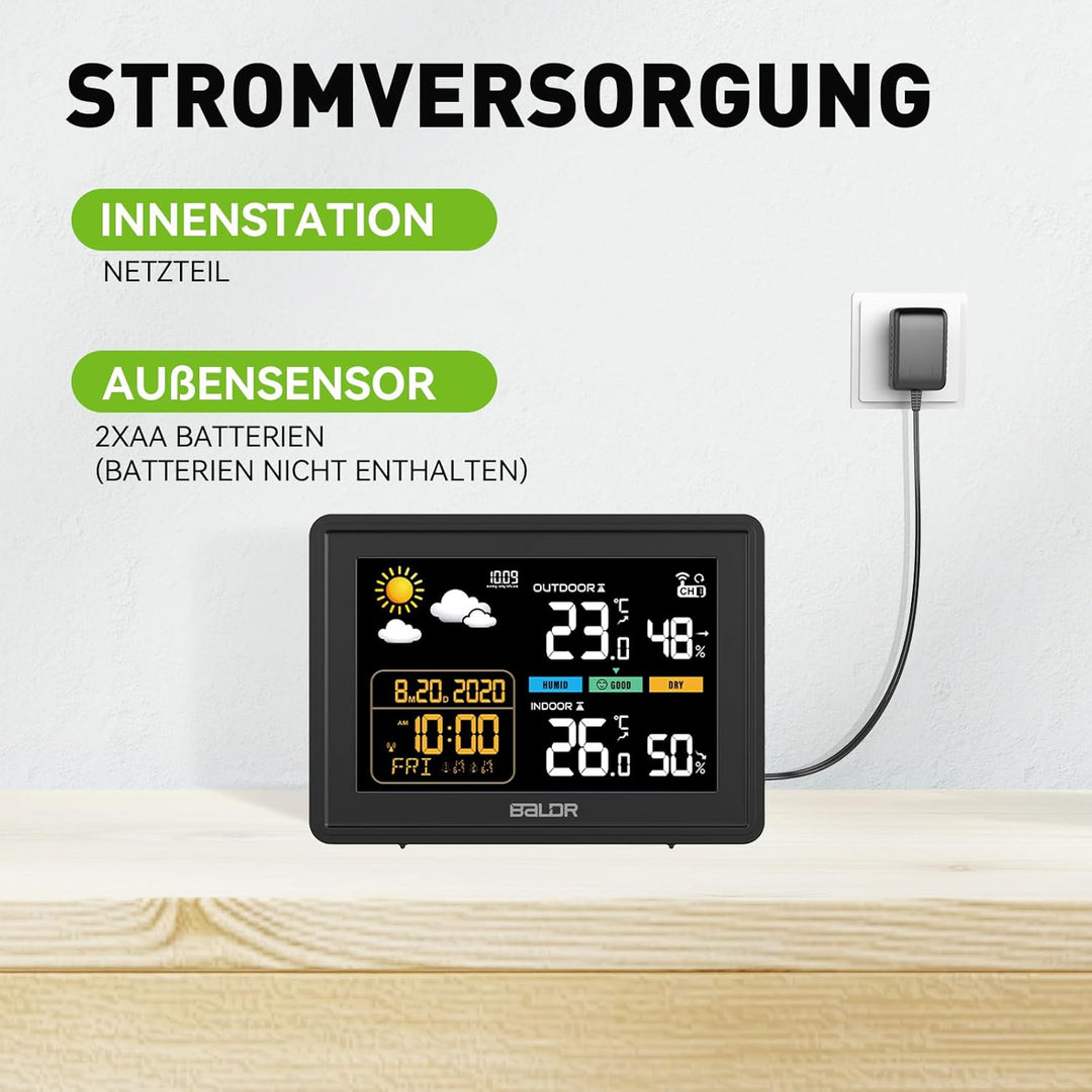 Konsen Wetterstation funk mit Aussensensor DCF Funkuhr, Farbdisplay mit grossen Zahlen von Innen und