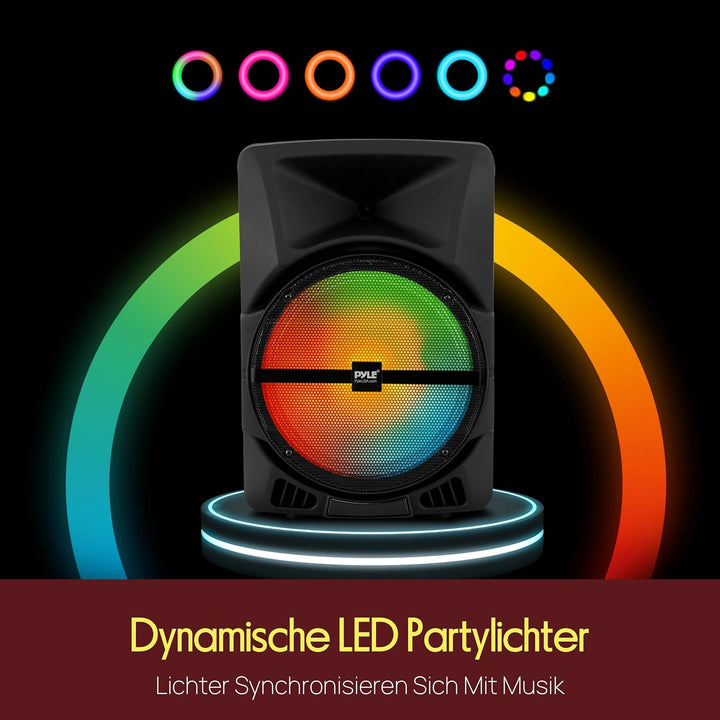 Pyle Musikbox Bluetooth Gross, 800W Party Lautsprecher mit DJ- Lichtern, Teleskopgriff & Rollen, FM,